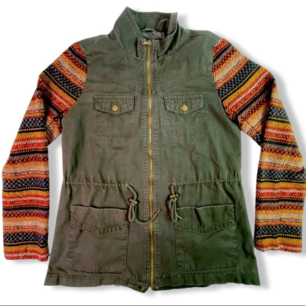 Cotton Cargo Jacket with Wool Blend Blanket Sleeves, Adjustable Waist, Mossimo